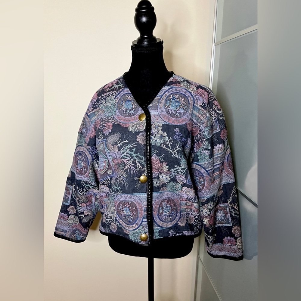 Vintage HBAR tapestry jacket w/snap front,multicolour,leather trim,inner pocket - Picture 7 of 9
